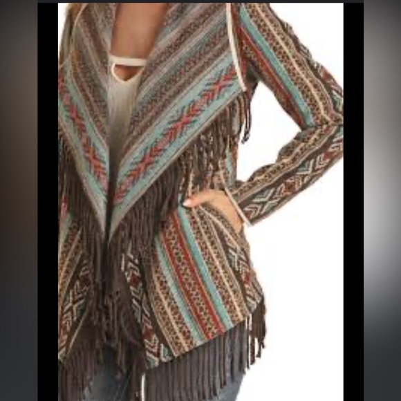 Powder River Ladies Brown Aztec Bohemian wool jacket with fringe, Size Med - Picture 2 of 10